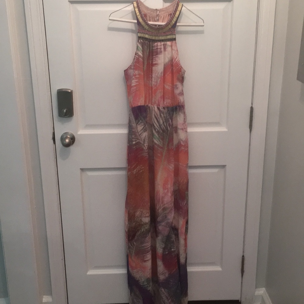Charlie Jade tropical maxi with slit & beaded neck
